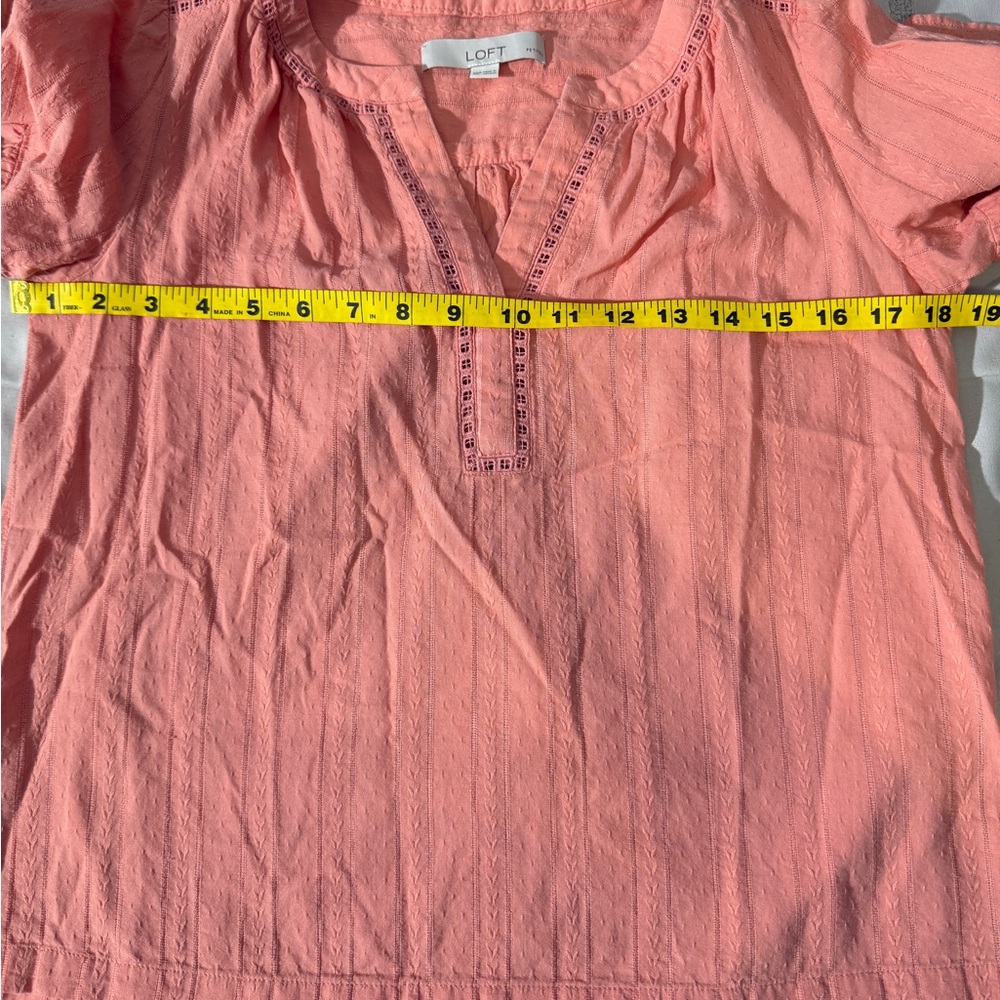 LOFT Pink Striped Ruffle Sleeve Split Neck Blouse Women Petites XSP Cotton - Picture 5 of 7